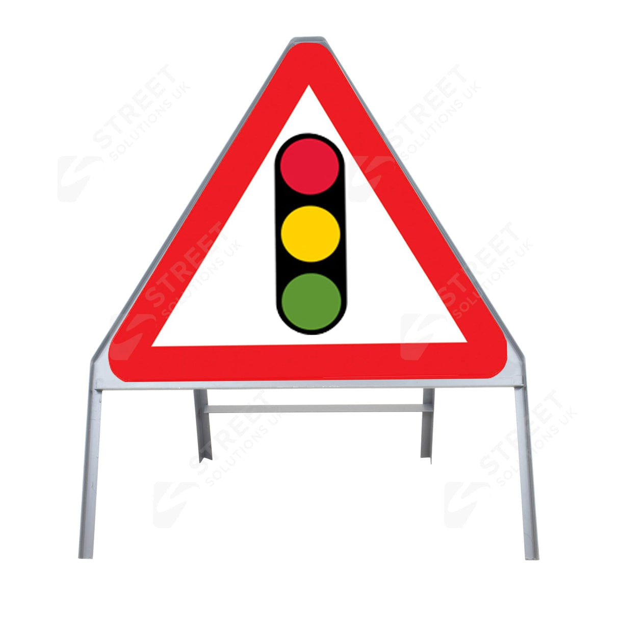Traffic light signal ahead triangle metal sign face 543, 750mm, shown in a grey steel frame