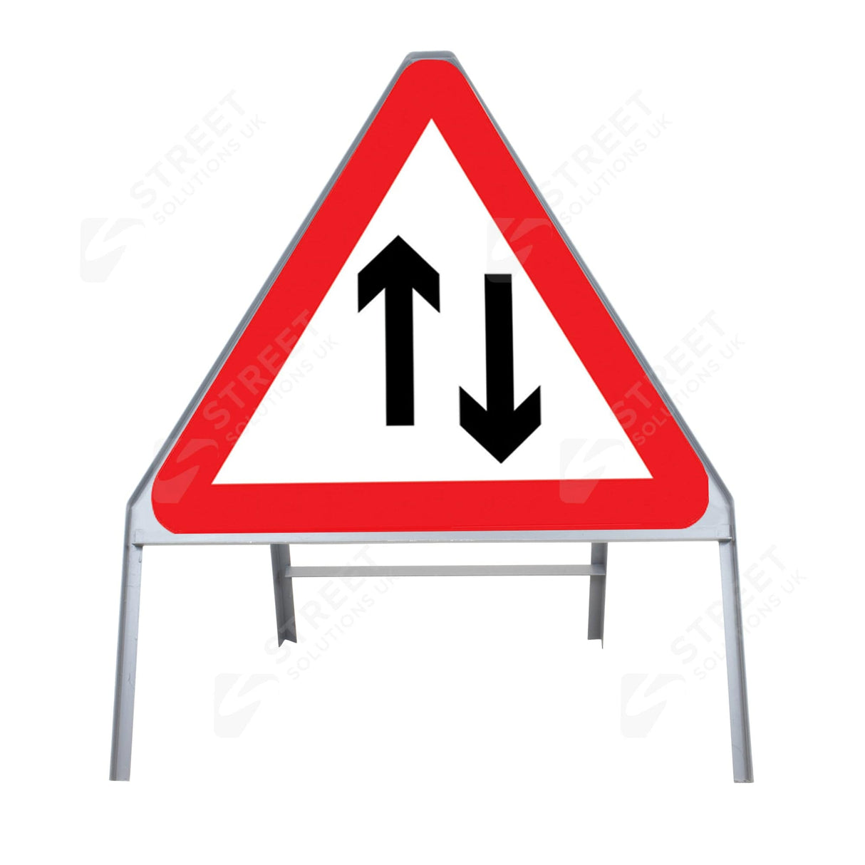 750mm two-way traffic triangle sign face, diagram 521, mounted in a grey metal road sign frame - front view
