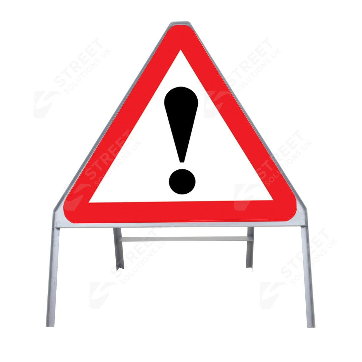 Warning/danger triangle metal road sign, diagram 562, 750mm face mounted in a grey steel stanchion frame