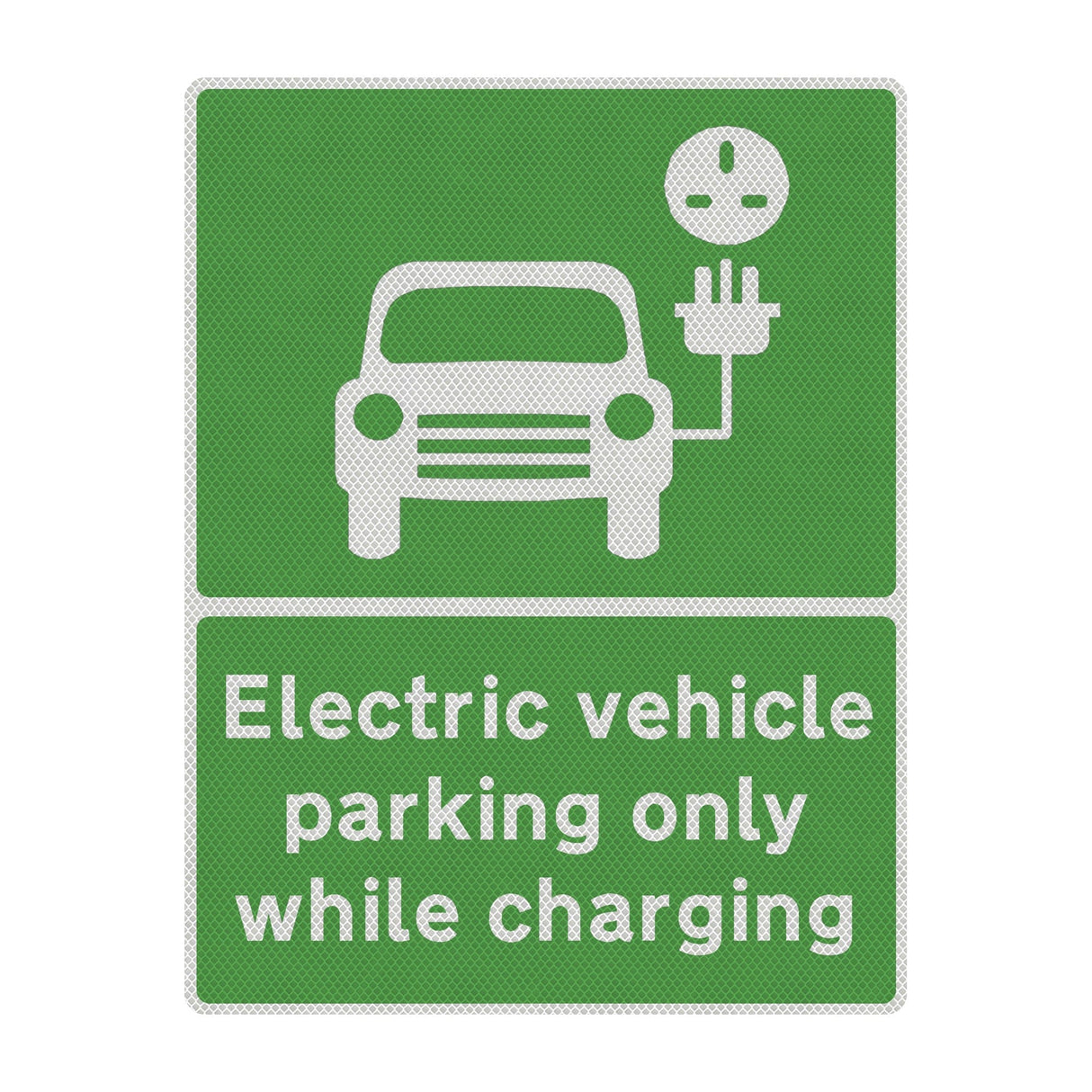 Green EV Parking Only While Charging sign face showing the car and plug symbol