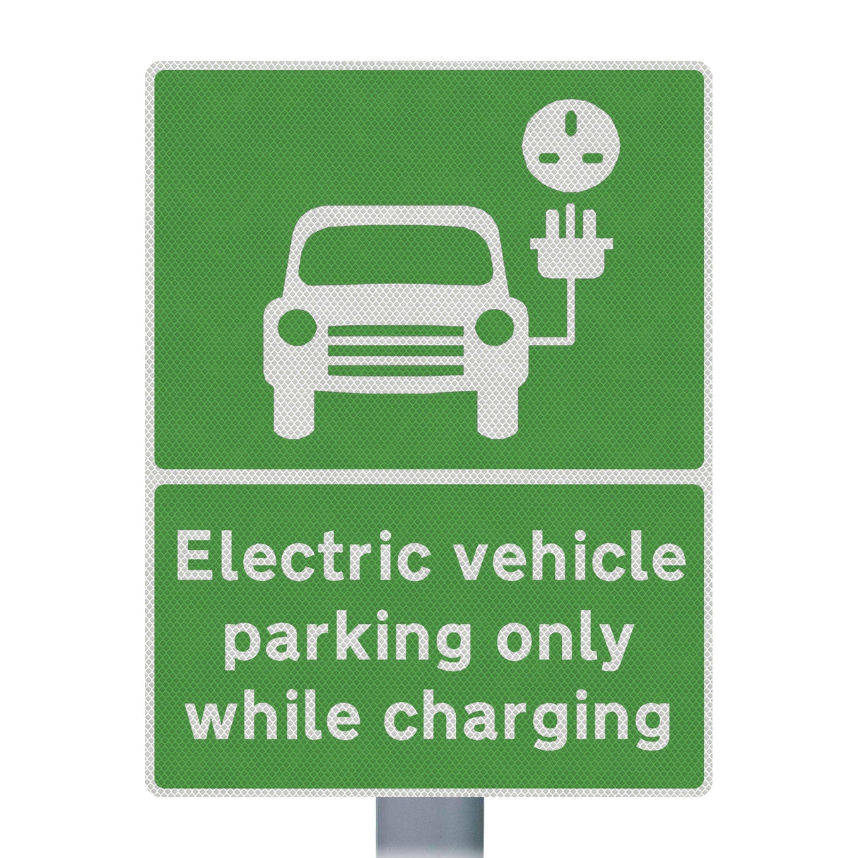 EV Parking Only While Charging sign mounted on a post in a car park