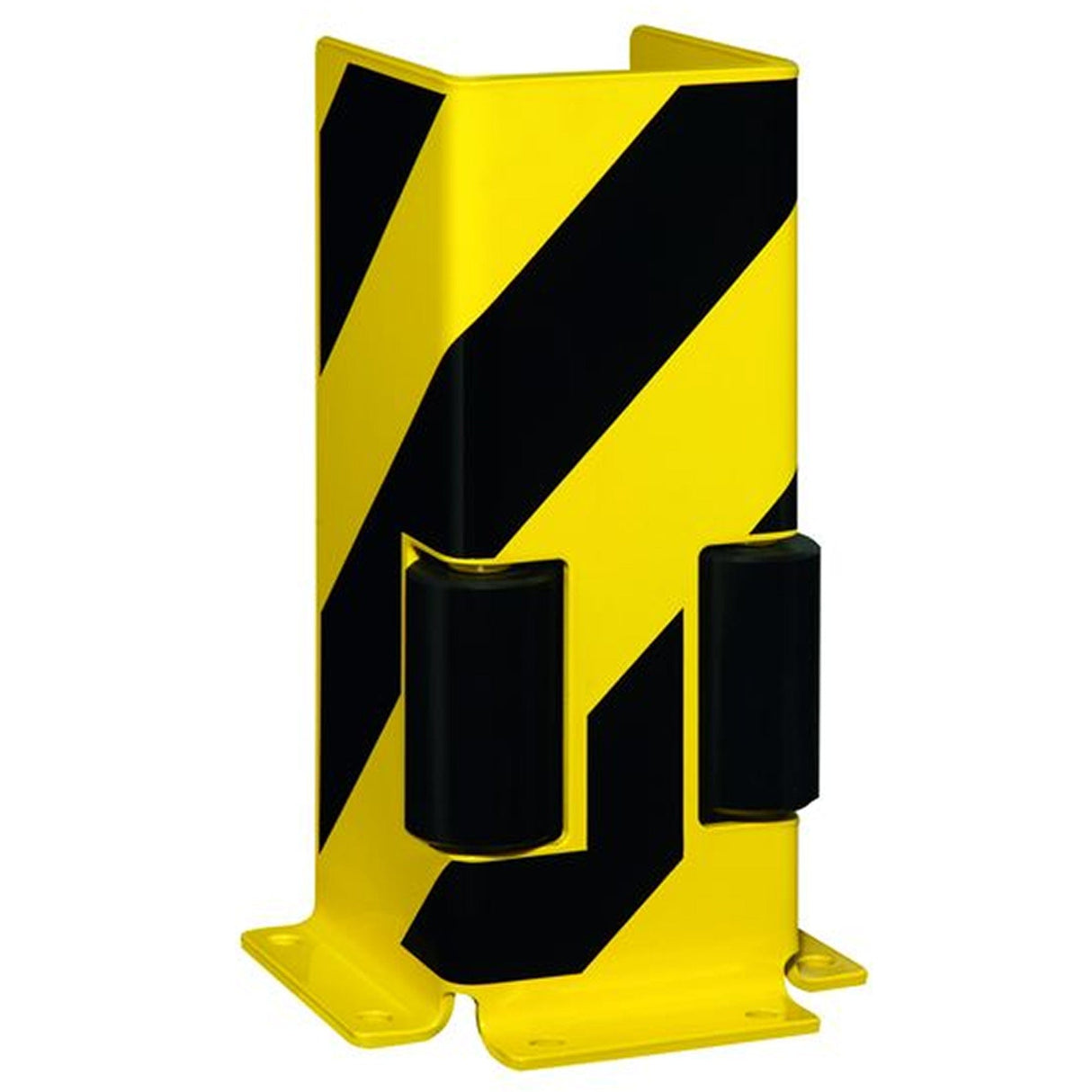 Pallet-rack-end-frame-protectors-Right-angle-profile-400mmH-6mm-gauge-Guide-roller-Yellow-Black-Warehouse-safety-equipment-Industrial-storage-protection-Heavy-duty-High-visibility-Impact-resistant-guards-Forklift-Racking-system-safety