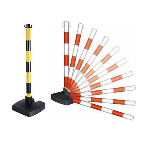 Plastic post and chain kit Self-standing barrier system Red and white colour scheme Crowd control solution Plastic chain barriers Outdoor safety barrier Traffic control solution Durable construction Portable design