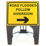 ROADFLOODEDFOLLOWDIVERSIONARROWRIGHT600X450MMMELBASWINTEXQSIGNROADSAFETYTRAFFICREDWHITESTREETSIGNAGE