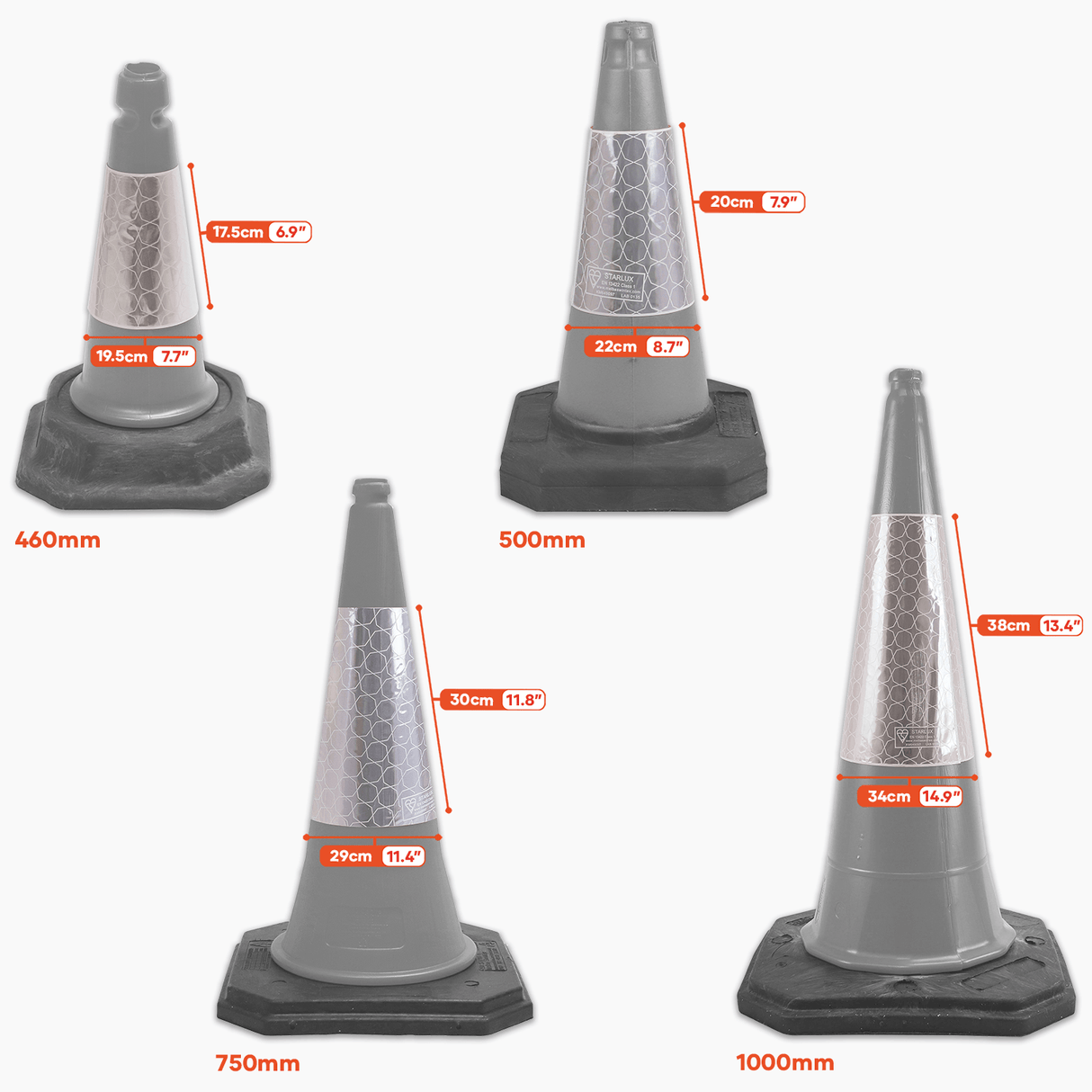 Replacement Traffic Cone Sleeves Pack of 25 - 460mm, 500mm, 750mm & 1000mm