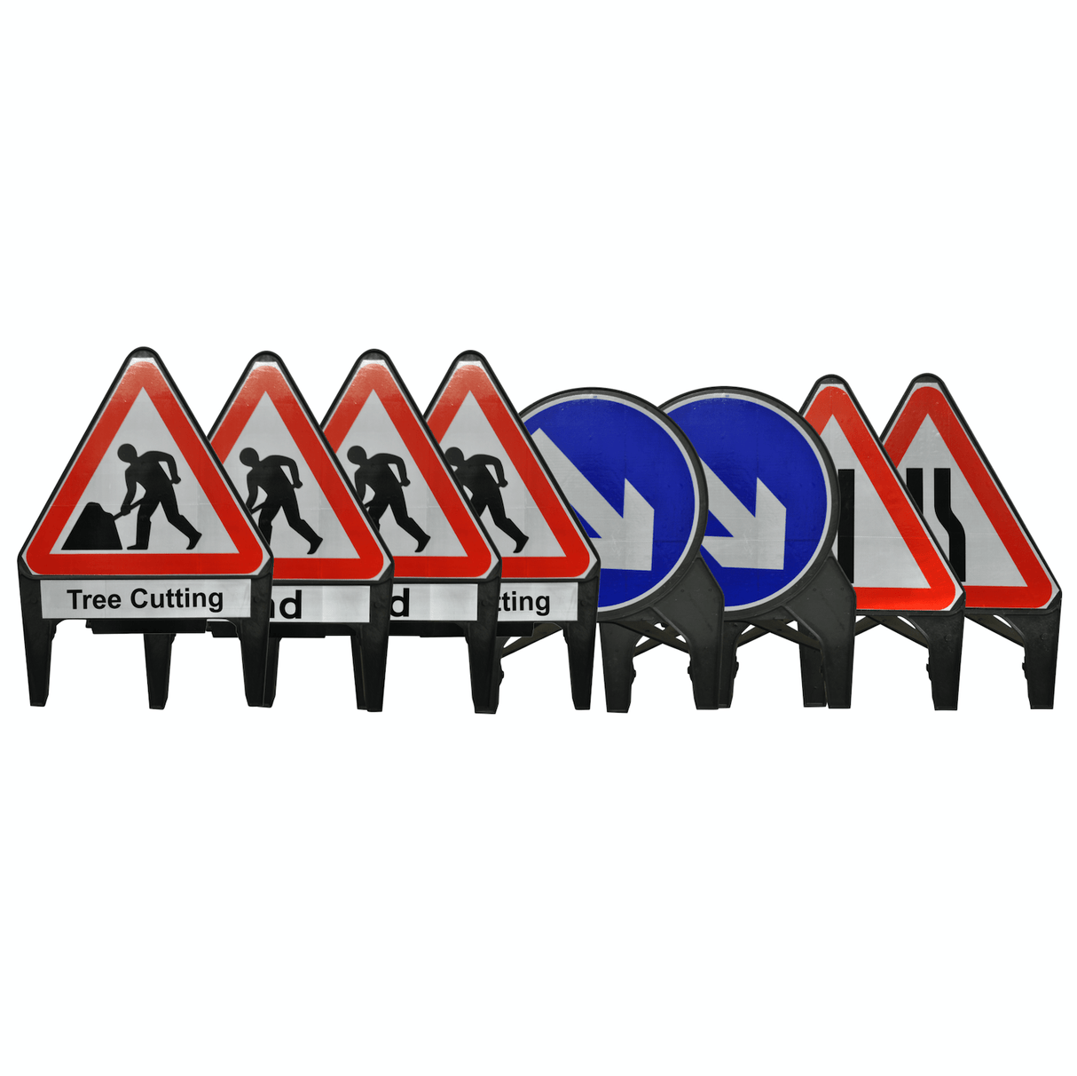 Tree Cutting signs kit signs grouped together showing the Men at Work, End, Road Narrows and Keep Right message set