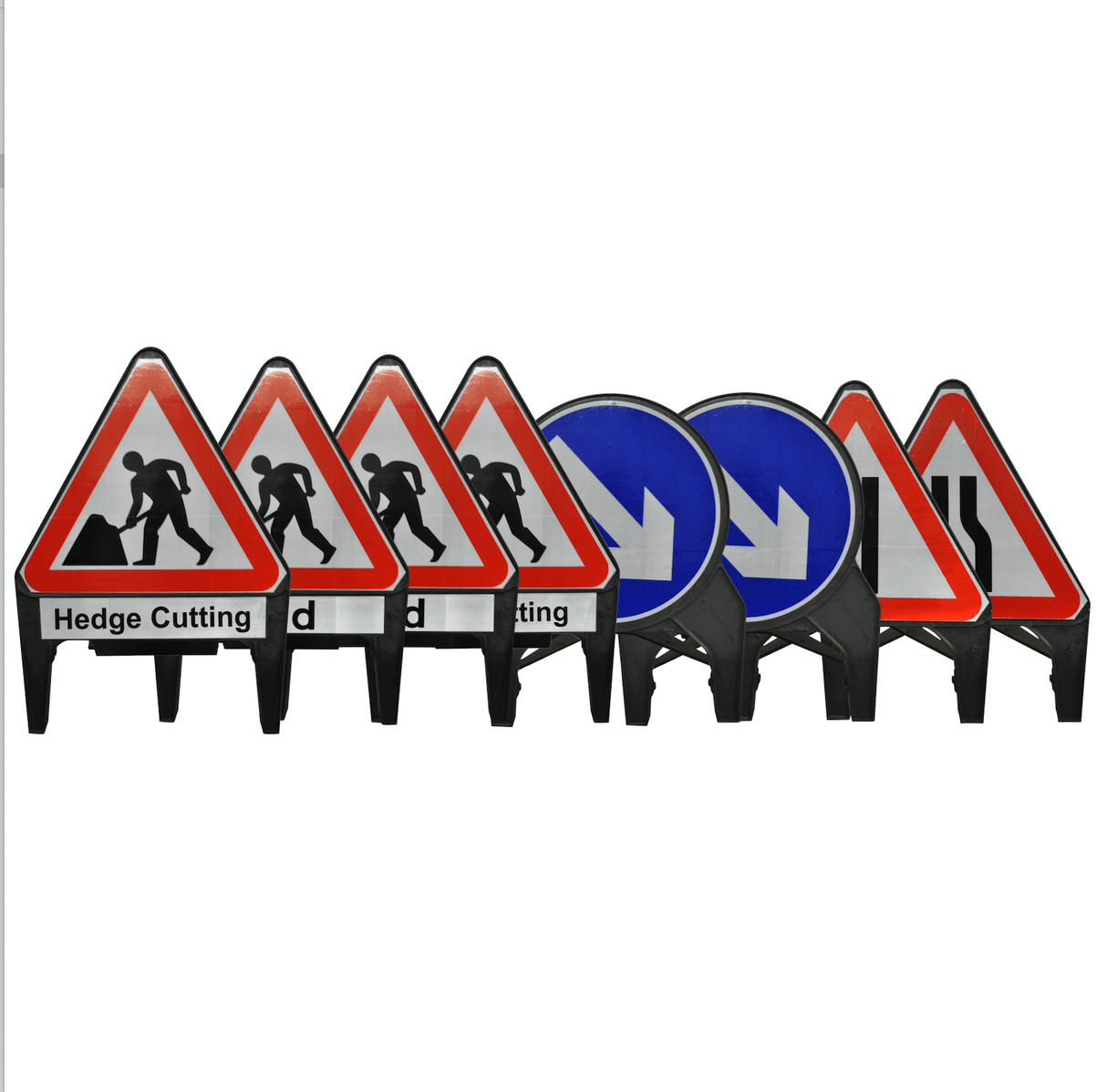 Hedge Cutting signs kit grouped together showing the Men at Work, End, Keep Right and Road Narrows message set