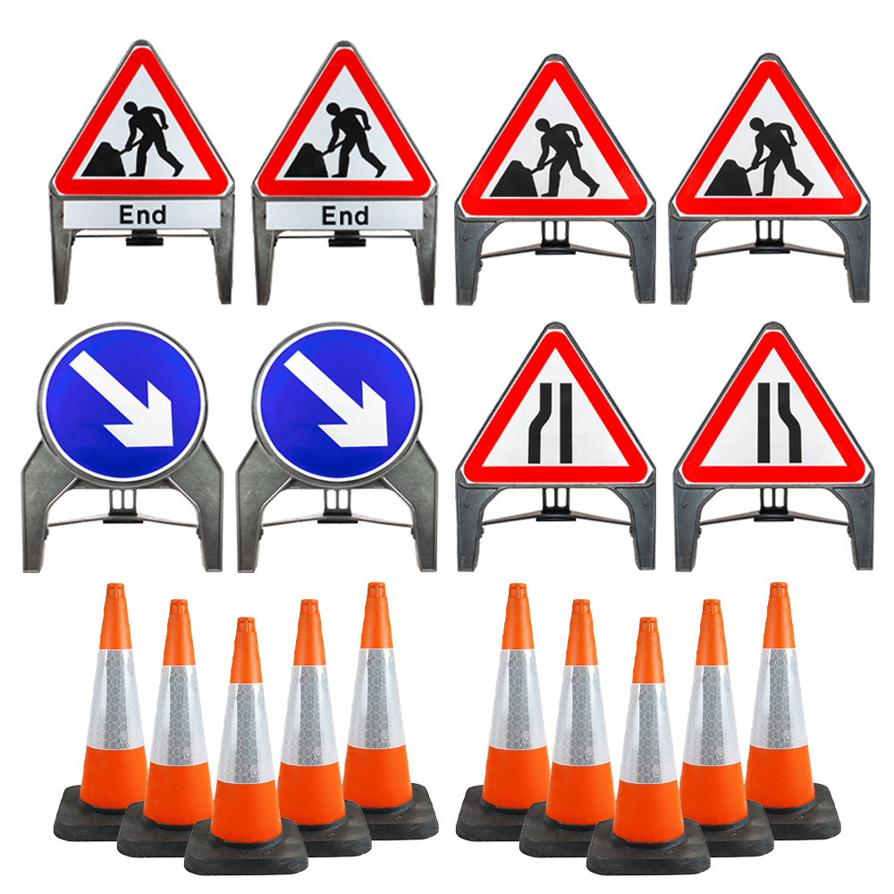 Single lane closure sign and cone kit with Q-Signs and 750mm traffic cones
