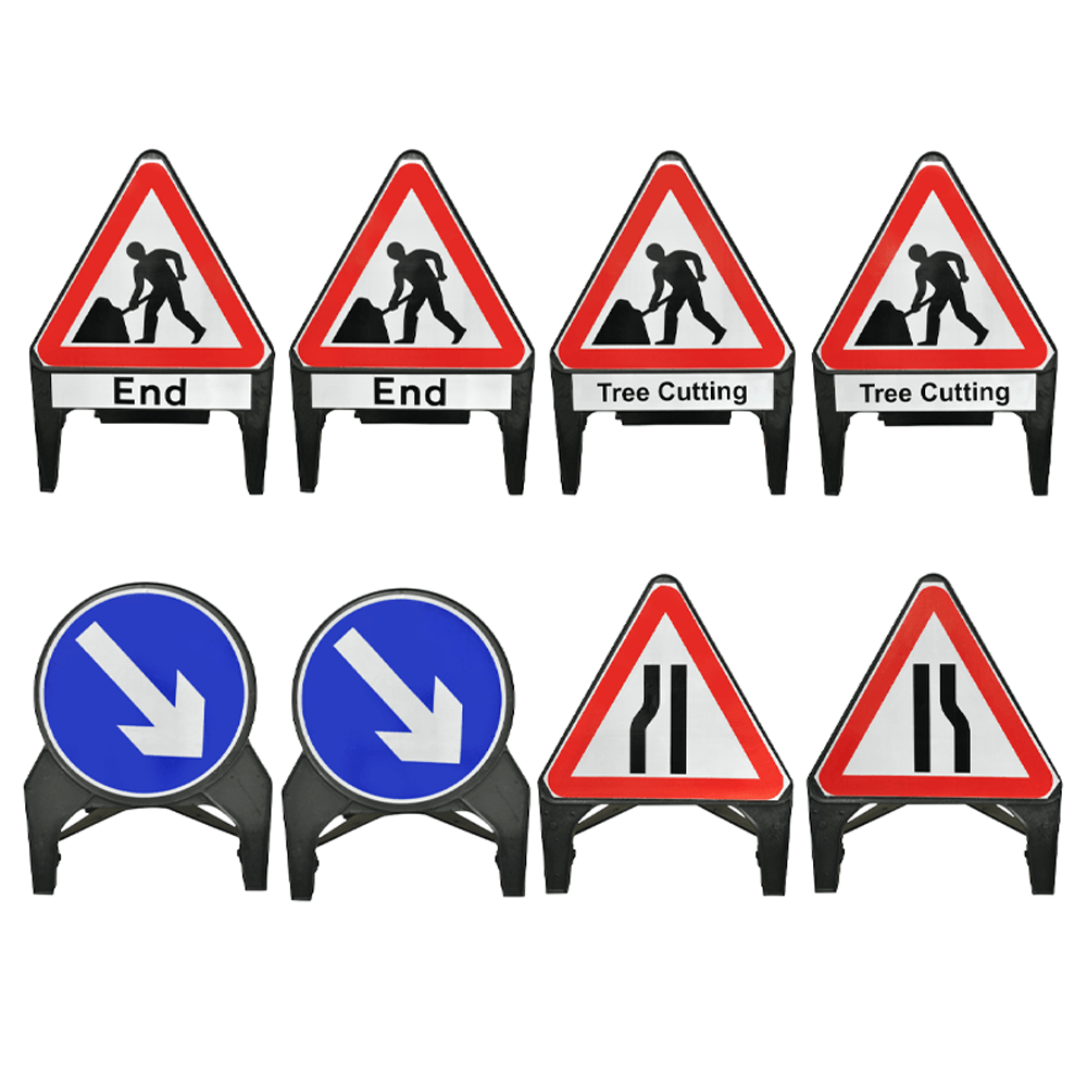 Complete Tree Cutting Q-Sign kit laid out - Men at Work/Tree Cutting and Men at Work/End signs, Keep Right signs and Road Narrows Left/Right signs, each on its own A-frame stand