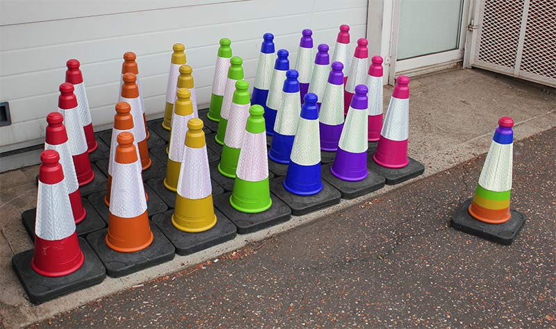 red green blue yellow custom road cones street barriers orange reflective signs signage temporary plastic metal 500mm 750mm 1 metre traffic management