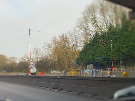 gs6 height restriction barrier red white vehicle safety construction traffic management  blue and white 