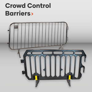 Crowd Control BarriersCrowd control barriers: metal, silver, black base, vertical bars, event management, crowd management, safety, large groups.