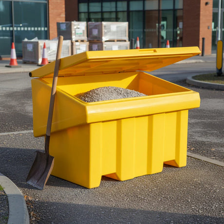Yellow plastic rock salt grit bin box