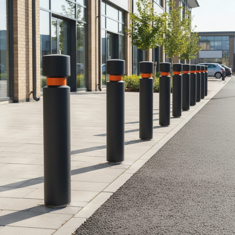 Black plastic concrete in bollards with orange reflective band