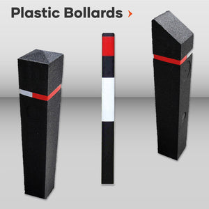 Recycled plastic rubber bollard height Black with reflective band Pyramid head Subsurface fix Sustainable Environmentally friendly Durable Traffic Safety Parking lot Urban Landscape removable retractable Mitre head flexible post & chain barrier kit