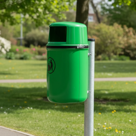 Green plastic post mounted street litter bin with black decals