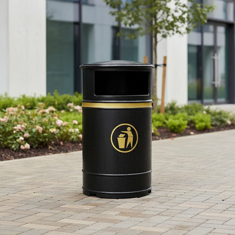 Black floor mounted litter bin plastic with gold decals