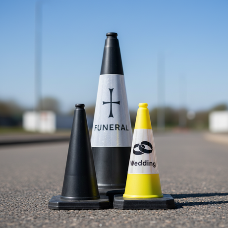 Specialist Cones Collection No Parking Cones Wedding Cones Funeral Cones Collapsible Cones Various Sizes Colours available for different applications event cones custom cones high voltage cable covers keep left cable covers special event cones