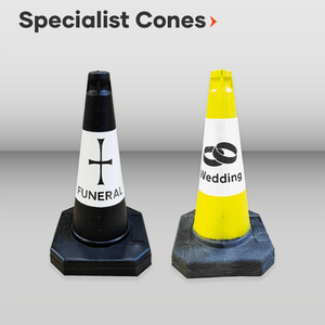 Specialist Cones Collection No Parking Cones Wedding Cones Funeral Cones Collapsible Cones Various Sizes Colours available for different applications event cones custom cones high voltage cable covers keep left cable covers special event cones