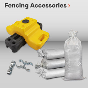 Temporary fencing accessories fence feet, clamps, couplers, privacy screens, tension bands, wind braces, gate wheels, shade cloth, warning signs, fence stays, steel posts, rubber base weights, barrier tape, crowd control barriers, mesh rolls, fence 