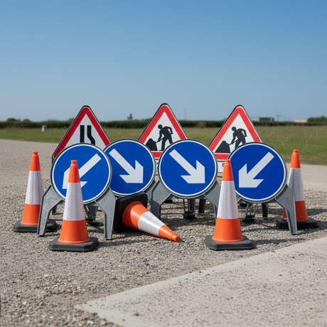 Temporary sign kits traffic management - cones and plastic q signs reflective