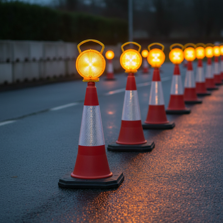 conelite-synchro-synchronising-traffic-cone-lights-LED-flashing-road-safety-portable-warning-high-visibility-photocell--roadworks-unipart-dorman-waterproof-beacon-highway-outdoor-construction-nighttime--orange-high-intensity-barrier-pedestrian-uk