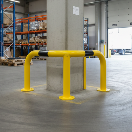 Floor mounted warehouse corner impact protector high visibility yellow and black steel