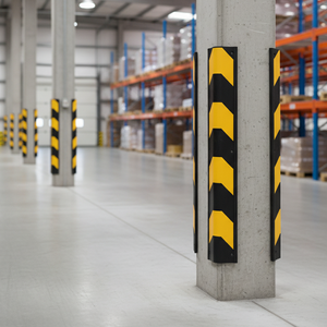 Black and yellow chevron rubber corner protector - wall and racking warehouse impact protection