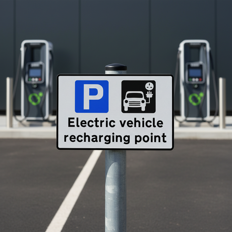 Electrical vehicle recharging point EV charging signs post mounted reflective