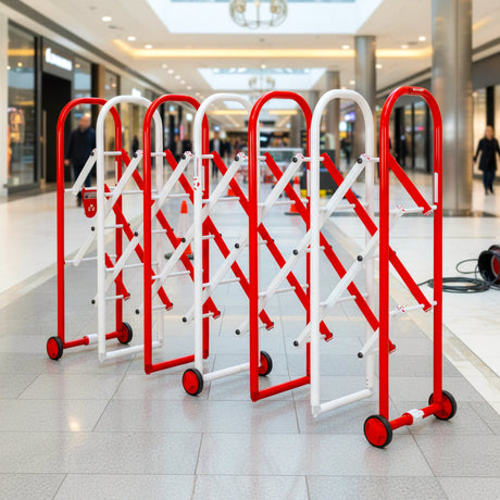 Expandable Extendable Safety Barrier with Castors Red & White Steel