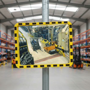 Indoor black and yellow high visibility frame indoor warehouse mirror - industrial post mounted
