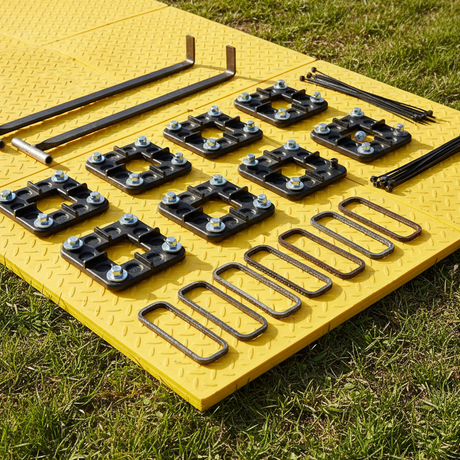 matting accessories - cable ties- 4 way connectors - u pin connectors - ground protection mat drag hooks