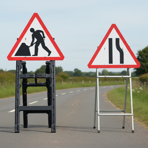 Triangular Quick Fit Sign Faces men at work road narrows right - plastic and metal sign frames