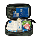Portable single-person first aid kit with zip closure and belt loop. HSE-compliant contents for off-site travel. Great value and compact design for easy carrying.