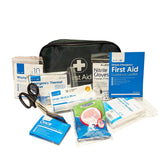 Portable single-person first aid kit with zip closure and belt loop. HSE-compliant contents for off-site travel. Affordable and convenient design for easy carrying.
