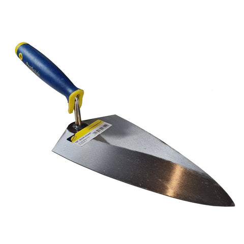 Enhance your brickwork with our 10" brick trowel featuring a durable carbon steel blade and soft rubber handle for optimal grip. Its Philadelphia pattern design holds more mortar, ideal for bricklaying and concrete blocks. Perfect for both professionals and DIY enthusiasts. 