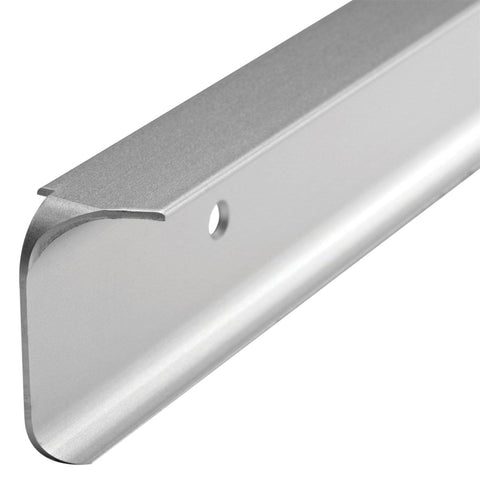 Satin silver aluminium bullnose corner joint trim, 40mm x 630mm. Offers a sturdy corner join and neat presentation with its bullnose profiles. Ideal for chipboard worktops, it's hardwearing and easy to clean.