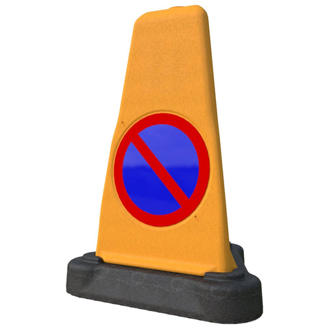 Orange traffic cone with a blue circle and red line symbol 