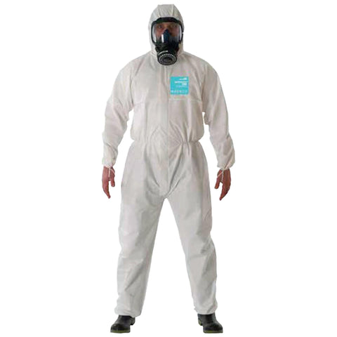 High-quality protective suit with 3-piece hood, elasticated design, 2-way zipper, and finger loops. Type 5/6 compliant.