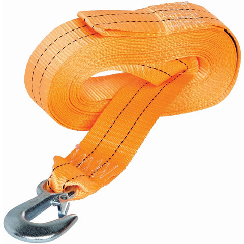 Strong polyester winch strap, 9m x 50mm, forged snap hook, sewn loop, ideal for small trailer hand winches, 2500kg breaking strain