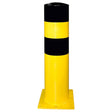 Black Bull 3XL heavy duty steel bollard, 323mm diameter, yellow and black bands on a bolt-down base plate