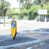 3sixty-foundation-cage-self-righting-reboundable-retroreflective-traffic-bollard-2sixty-mallatite-durable-flexible-high-visibility-impact-resistant-road-safety-weatherproof-plastic-yellow-BS8442-compliant-parking-roundabouts