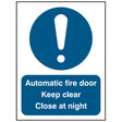 automatic-fire-door-keep-clear-close-at-night-sign-safety-extinguisher-signage-fire-evacuation-escape-hazard-identify-locate-instruct-alarm-prevention-regulations-compliance-gear-self-adhesive-rigid-PVC-foam-high-impact-polystyrene-photoluminescent-polycarbonate