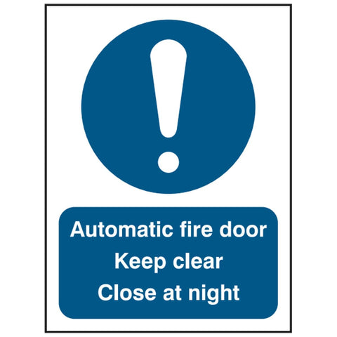 automatic-fire-door-keep-clear-close-at-night-sign-safety-extinguisher-signage-fire-evacuation-escape-hazard-identify-locate-instruct-alarm-prevention-regulations-compliance-gear-self-adhesive-rigid-PVC-foam-high-impact-polystyrene-photoluminescent-polycarbonate