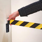 belt-barrier-wall-receiver-clip-HIGH-VIS-VISBILITY-industrial-sites-warehouses-events-parking-facilities-crowd-queue-control-management-line-dividers-airports-retractable-safety-indoor-outdoor-pedestrian-yellow-black-red-white-self-tensioning-self-weighted