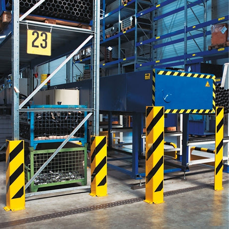 black-bull-right-angle-heavy-duty-pallet-racking-corner-protectors-forklift-damage-prevention-impact-resistant-building-doorway-protection-high-visibility-powder-coated-yellow-industrial-warehouse-safety-black-top-grade-steel-machine-guards-partitions-mezzanine-support-columns-racking-uprights-DIN-4844-Safety Guidelines
