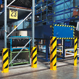 black-bull-right-angle-heavy-duty-pallet-racking-corner-protectors-forklift-damage-prevention-impact-resistant-building-doorway-protection-high-visibility-powder-coated-yellow-industrial-warehouse-safety-black-top-grade-steel-machine-guards-partitions-mezzanine-support-columns-racking-uprights-DIN-4844-Safety Guidelines