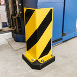 black-bull-right-angle-flex-shock-absorbent-heavy-duty-pallet-racking-corner-protectors-forklift-damage-prevention-impact-resistant-building-doorway-protection-high-visibility-powder-coated-yellow-industrial-warehouse-safety-black-top-grade-steel-machine-guards-partitions-mezzanine-support-columns-racking-uprights-DIN-4844-Safety Guidelines