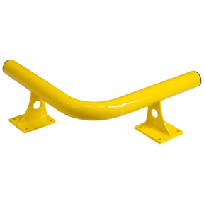 BLACK BULL Raised Collision Bar corner section, close-up of the 76mm yellow steel tube and bolt-down feet with cable-routing hole