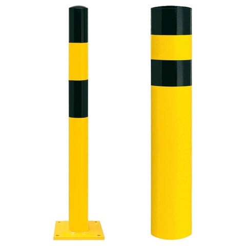 BLACK-BULL-heavy-duty-top-grade-steel-bollard-galvanised-powder-coated-yellow-black-industrial-durable-warehouses-factories-high-visibility-quality-TUV-tested-DGUV108007-surface-fix-bolt-down-concrete-in-ragged-concrete-filled